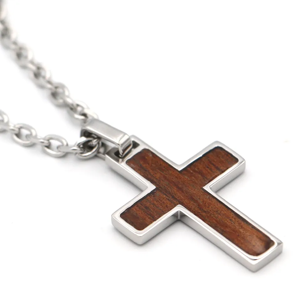 Koa Wood Inlay Cross - Stainless Steel