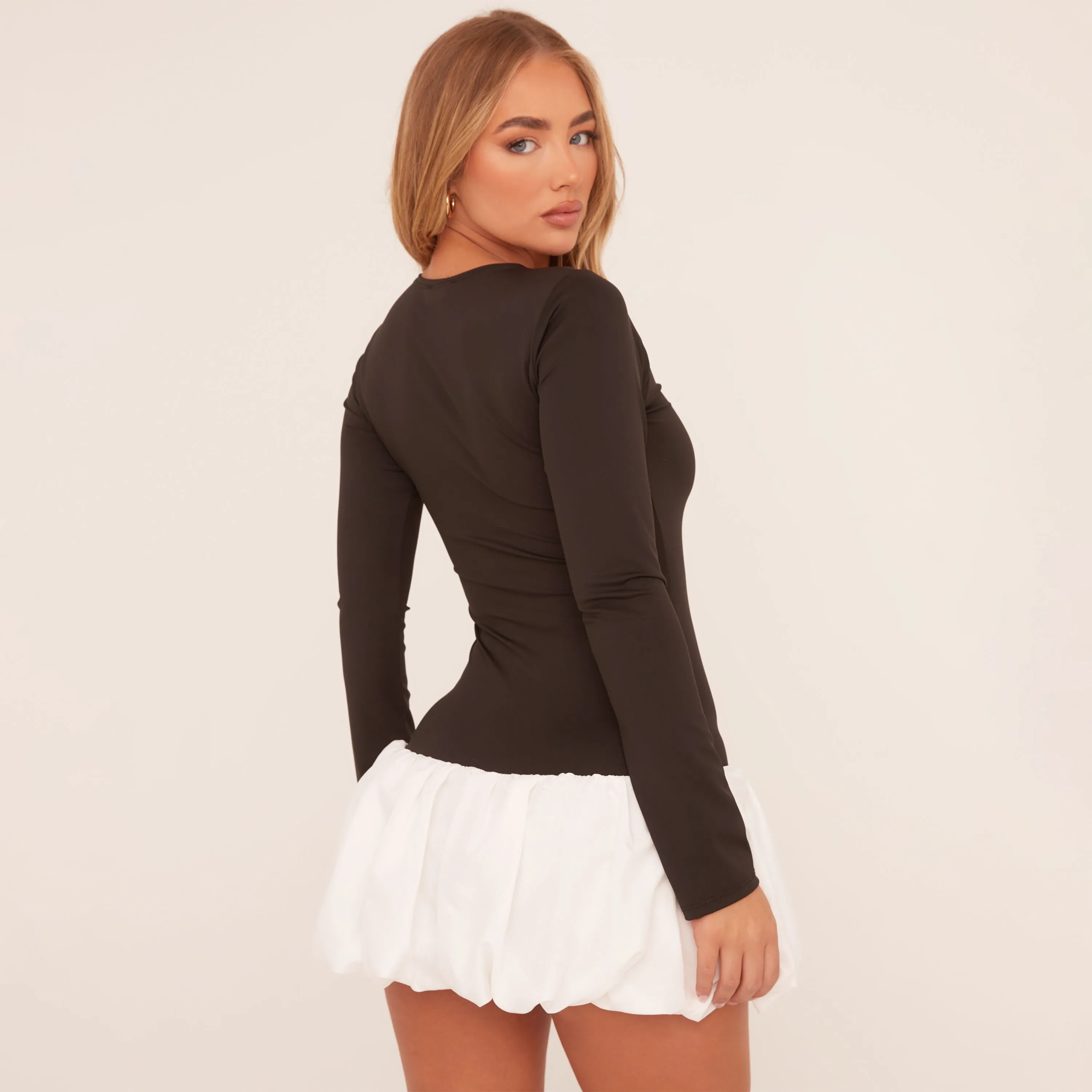 Long Sleeve Dropped Waist Contrast Puffball Mini Dress In Black Woven