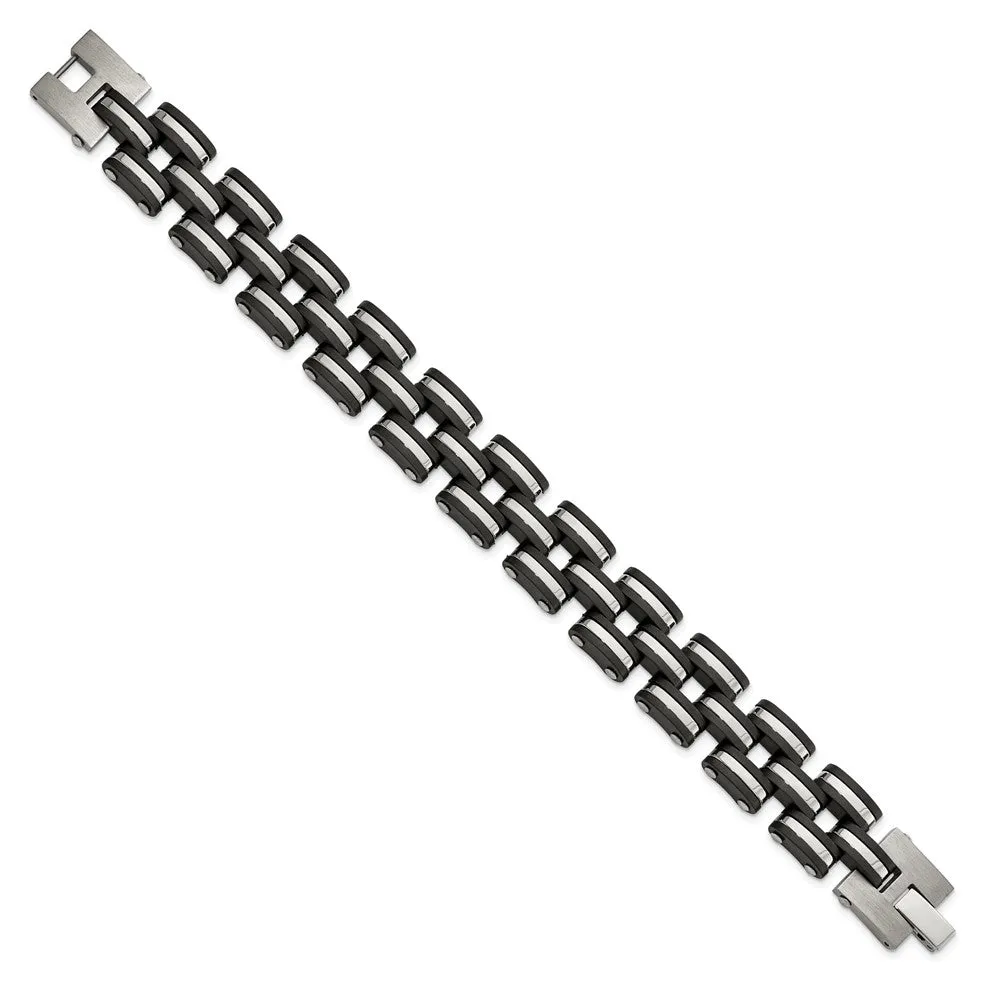 Men's 16.5mm Stainless Steel & Black Rubber Link Bracelet, 8 Inch