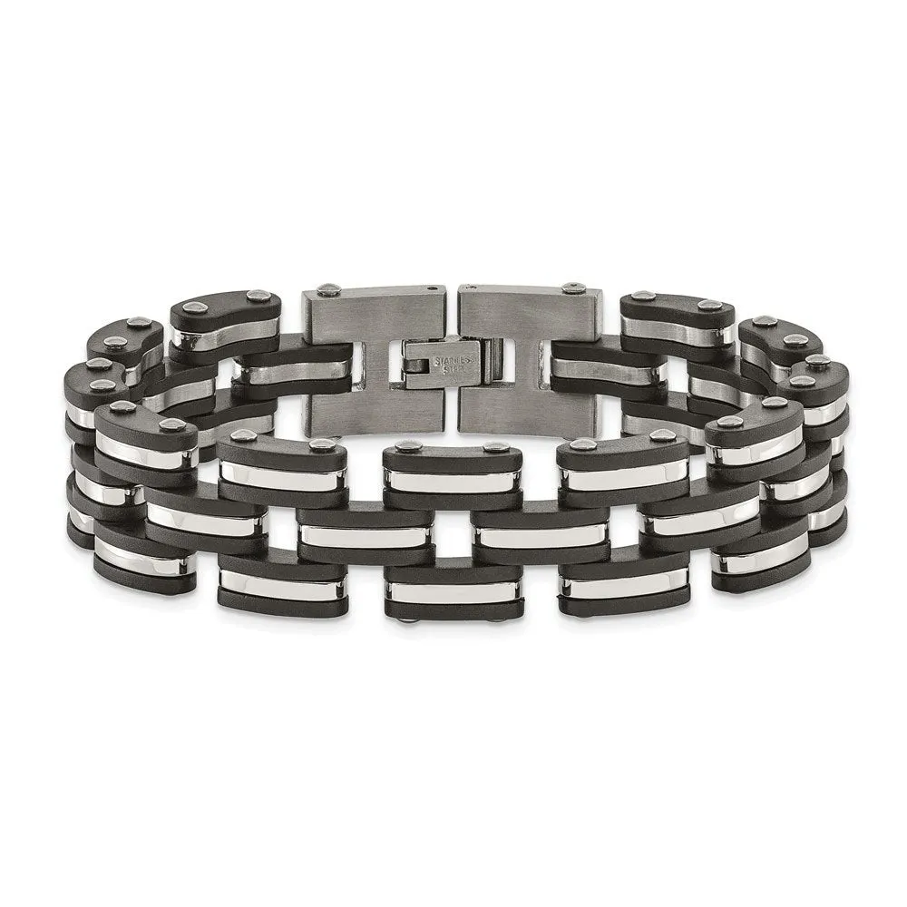 Men's 16.5mm Stainless Steel & Black Rubber Link Bracelet, 8 Inch