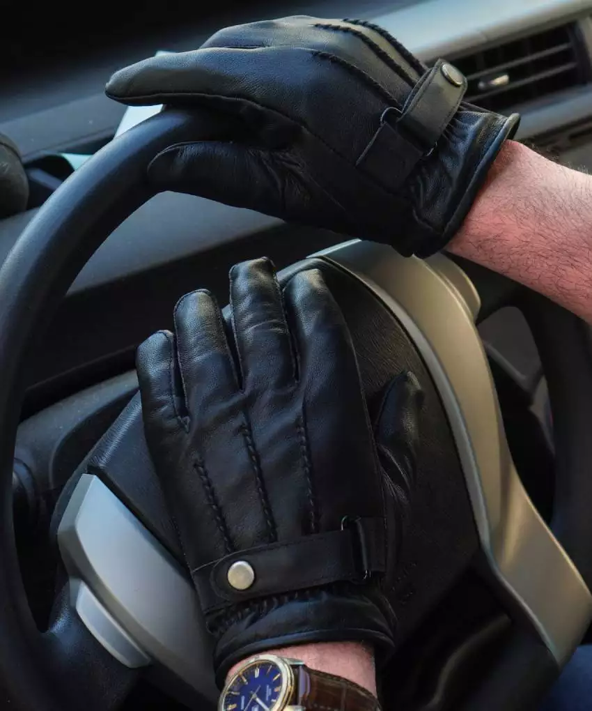 Mens Driving Black Lined Belted Leather Gloves