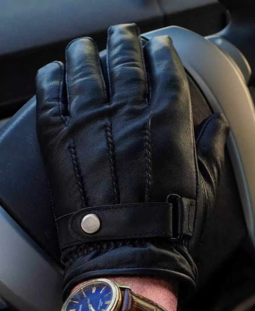 Mens Driving Black Lined Belted Leather Gloves