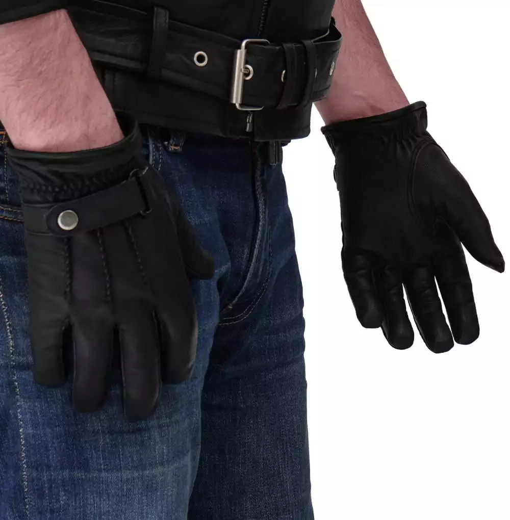 Mens Driving Black Lined Belted Leather Gloves