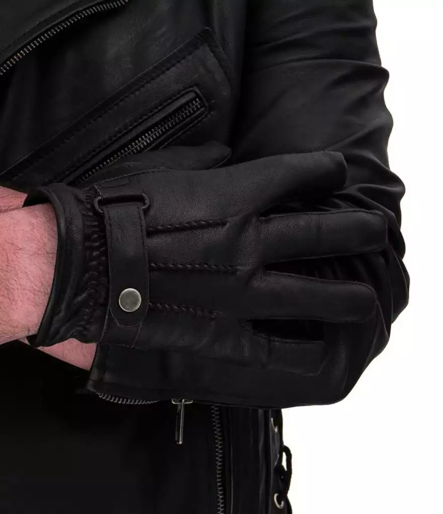 Mens Driving Black Lined Belted Leather Gloves