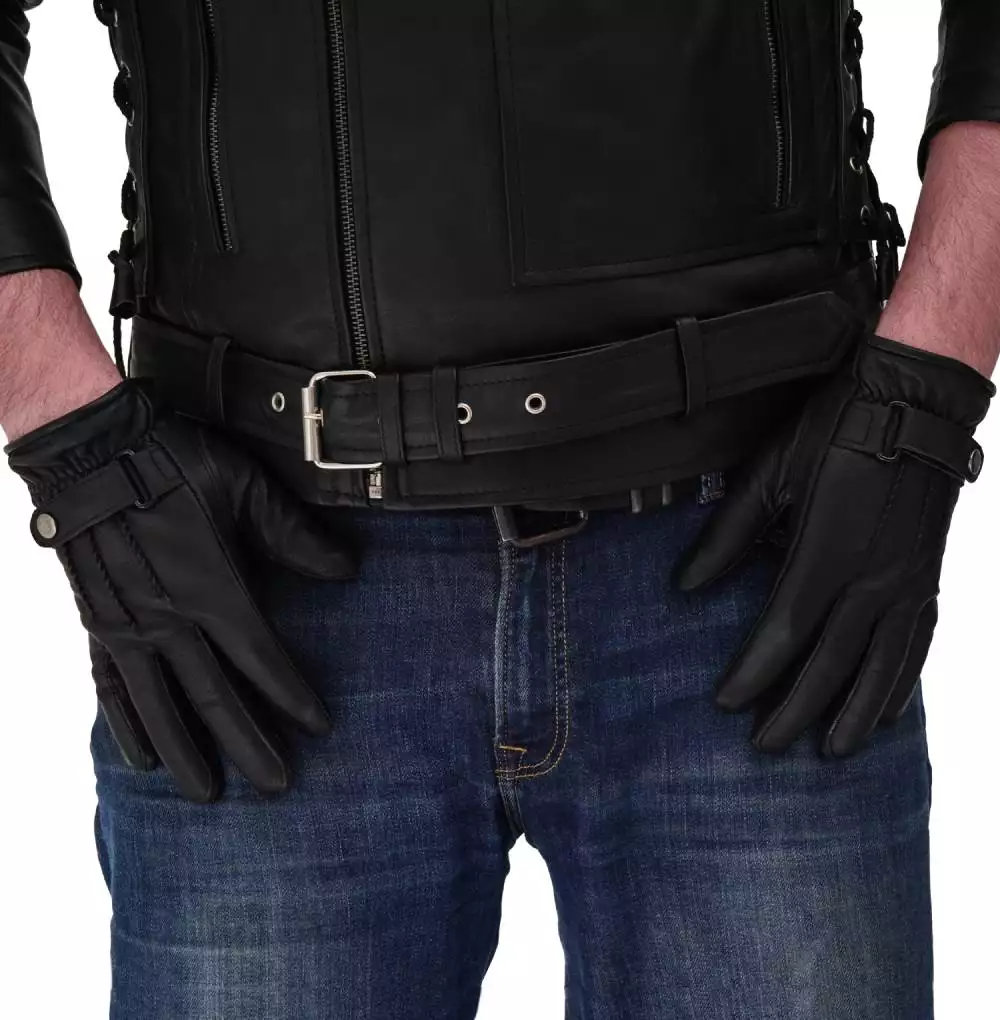 Mens Driving Black Lined Belted Leather Gloves