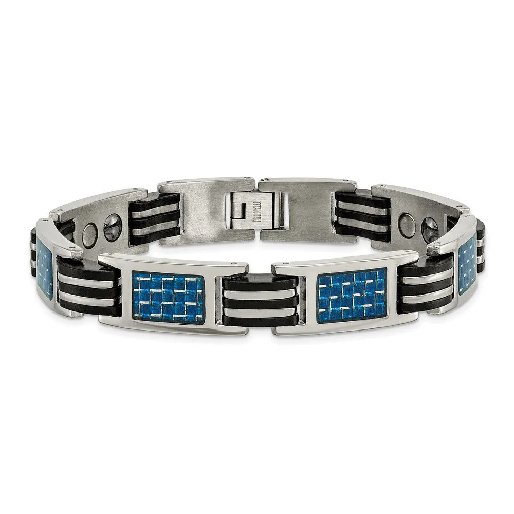 Men's Titanium Blue Carbon Fiber & Black Rubber Link Bracelet, 8.5 In