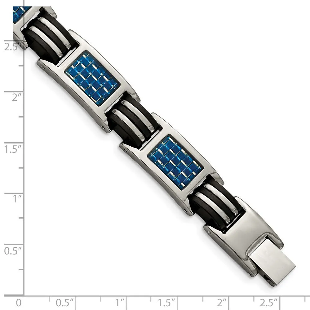 Men's Titanium Blue Carbon Fiber & Black Rubber Link Bracelet, 8.5 In