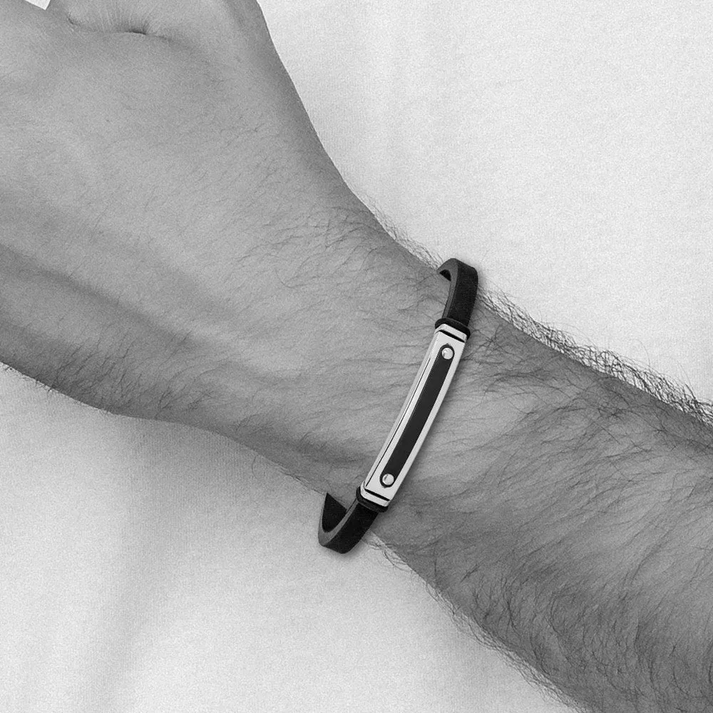 Men's Two Tone Stainless Steel & Black Rubber I.D. Bracelet, 8.25 Inch