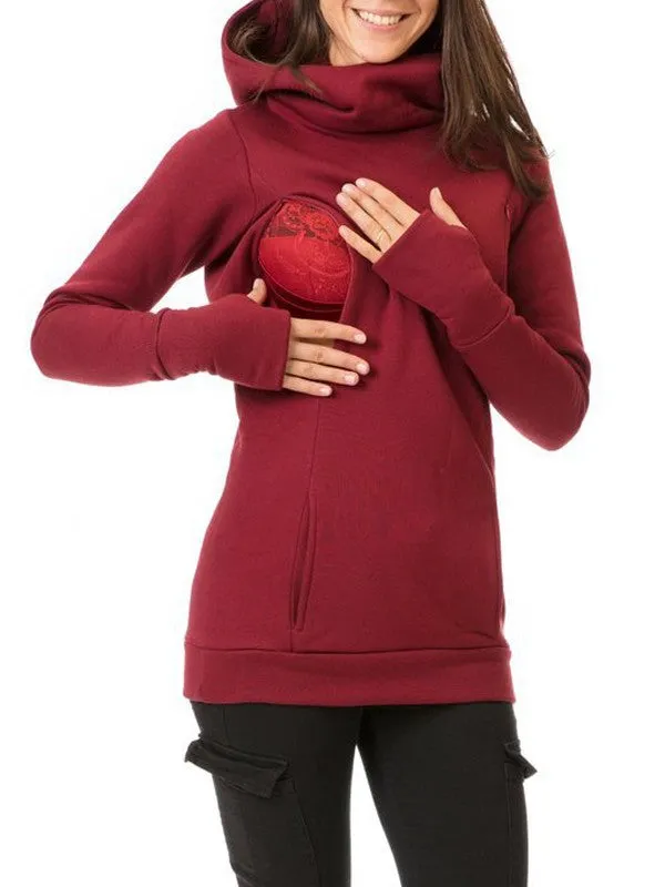 Momnfancy Hooded Solid Color Long Sleeve Baby Shower Maternity Daily Nursing Sweatshirt