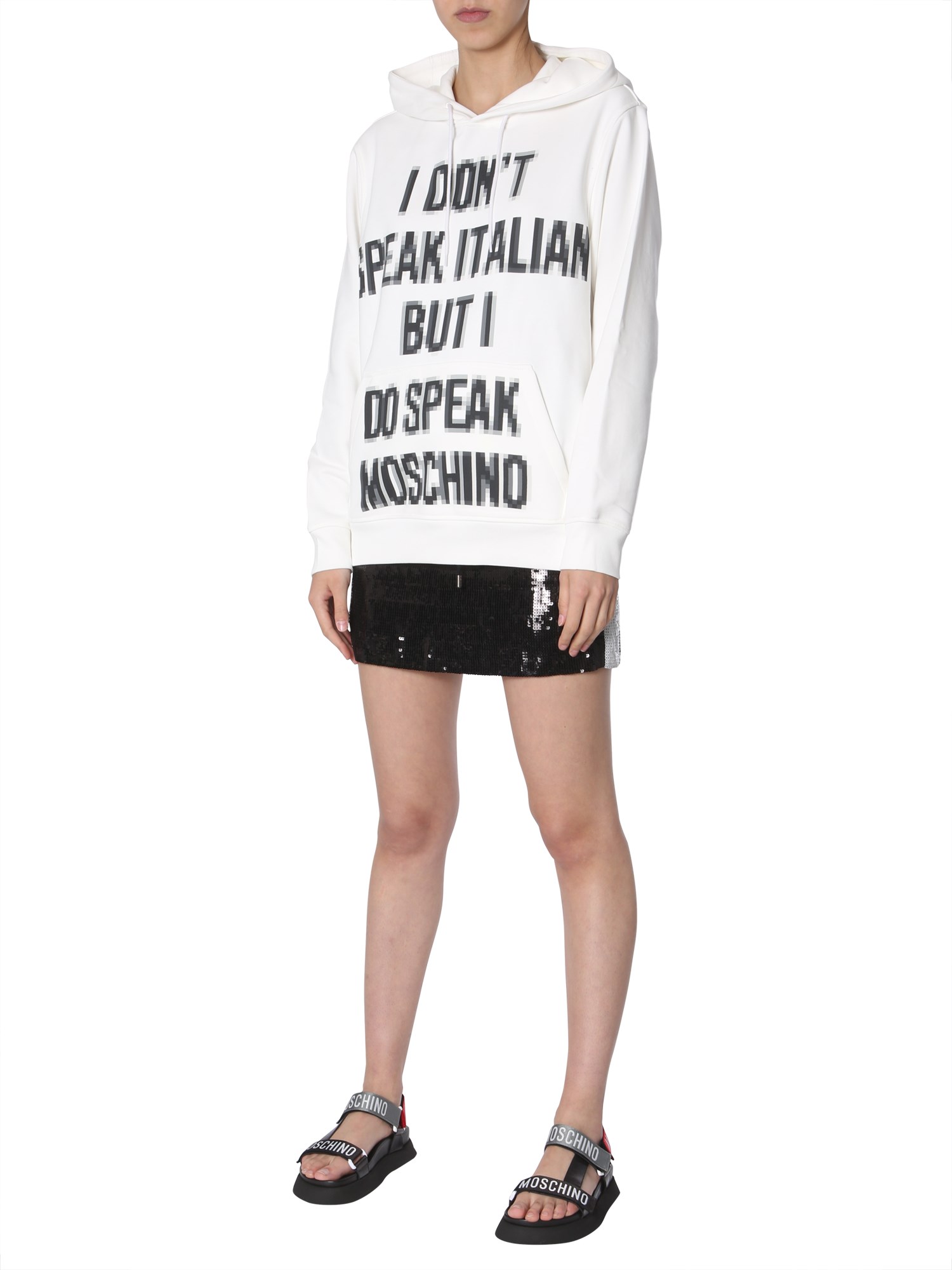 MOSCHINO    COTTON HOODED SWEATSHIRT WITH SLOGAN PIXEL PRINT