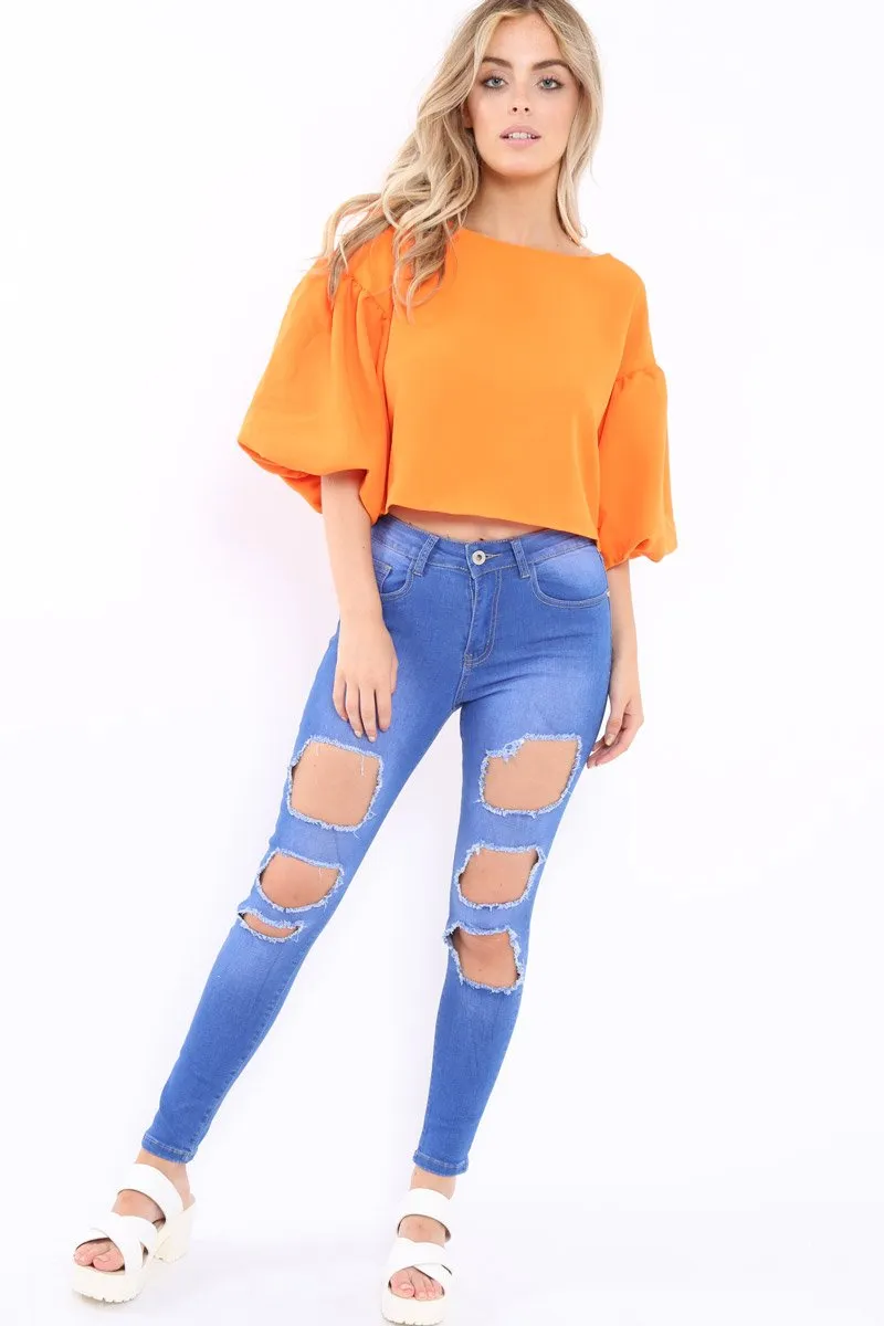 Orange Puffball Sleeve Top - Indiana