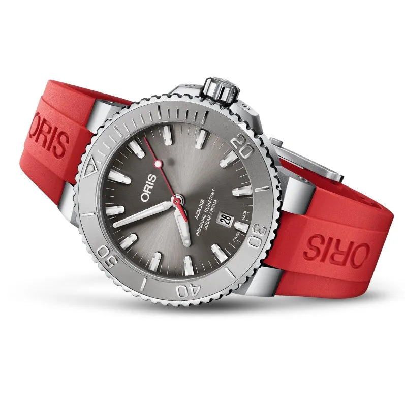 Oris 43.5MM Aquis Date Relief Grey Dial Red Rubber Watch