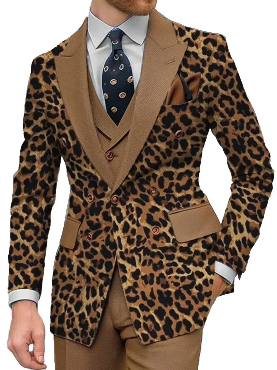 Peaked Lapel Buttons Leopard Pattern Blazer