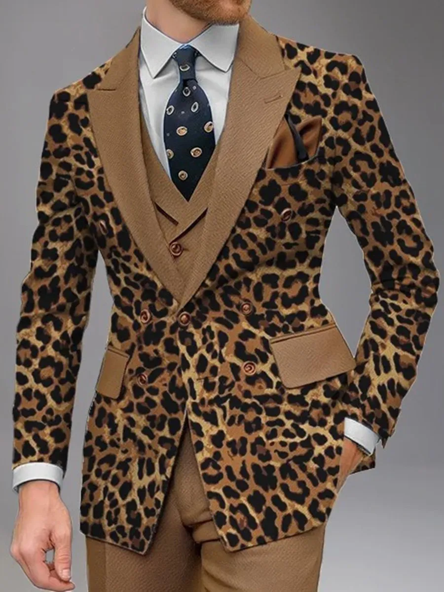 Peaked Lapel Buttons Leopard Pattern Blazer