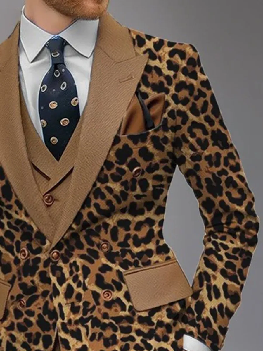 Peaked Lapel Buttons Leopard Pattern Blazer