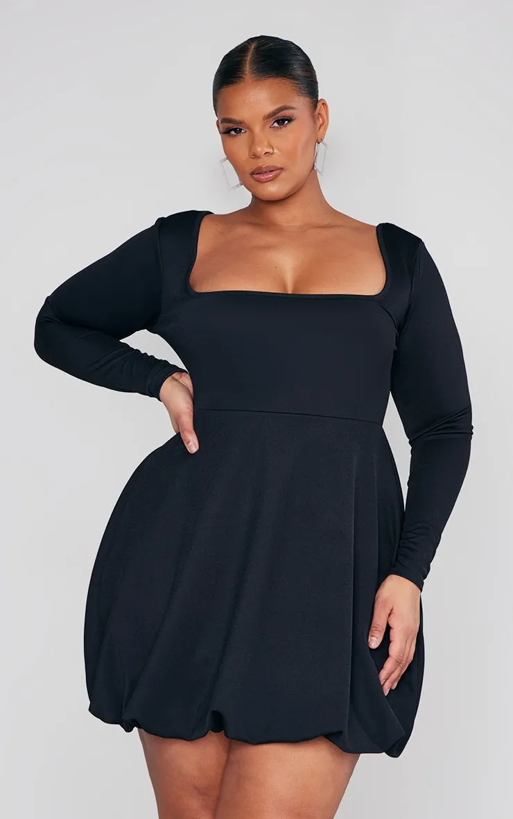 Plus Black Square Neck Puffball Hem Dress