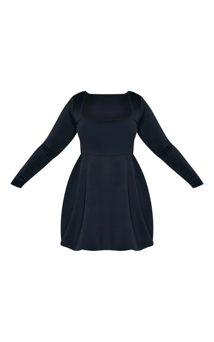 Plus Black Square Neck Puffball Hem Dress