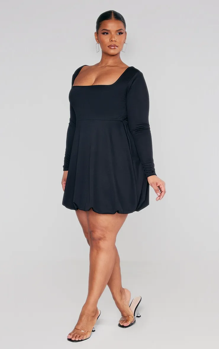 Plus Black Square Neck Puffball Hem Dress