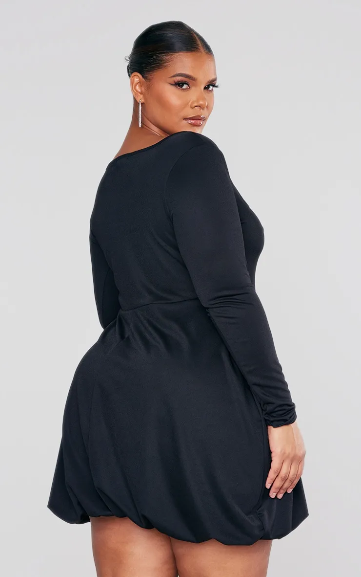 Plus Black Square Neck Puffball Hem Dress