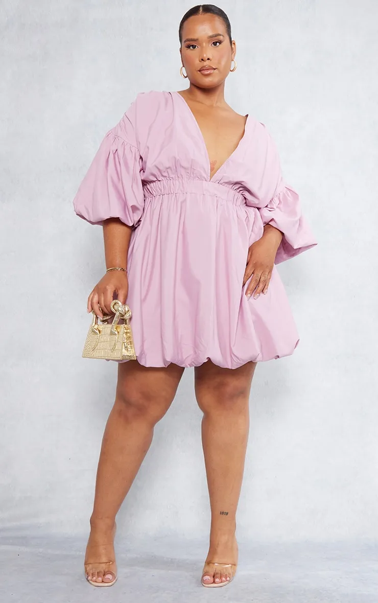 Plus Mauve Puff Sleeve Puffball Hem Dress