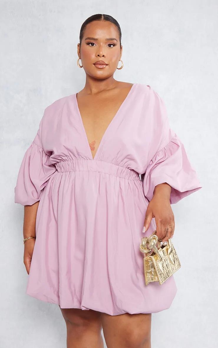 Plus Mauve Puff Sleeve Puffball Hem Dress