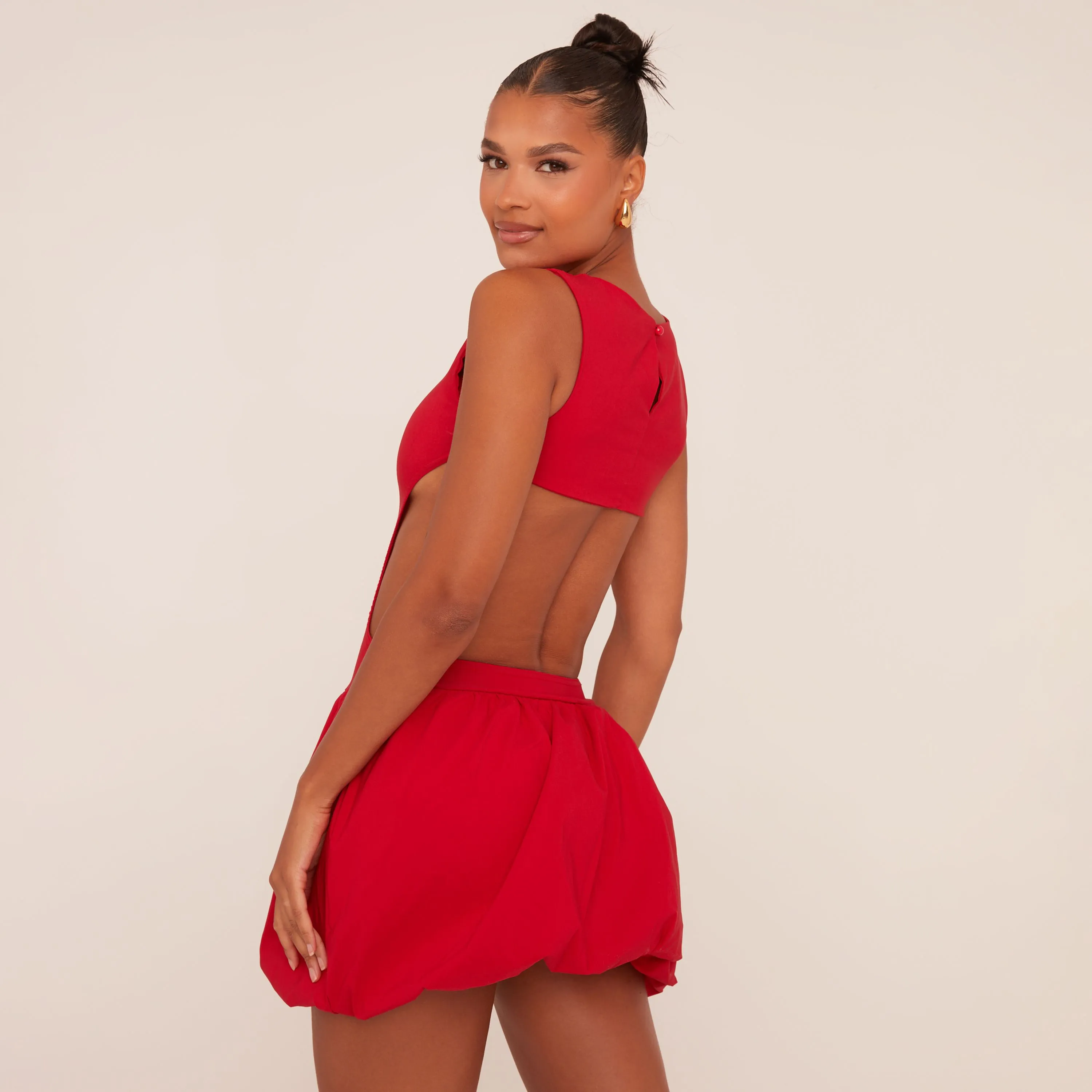 Racer Cut Out Side Puffball Mini Dress In Red Woven