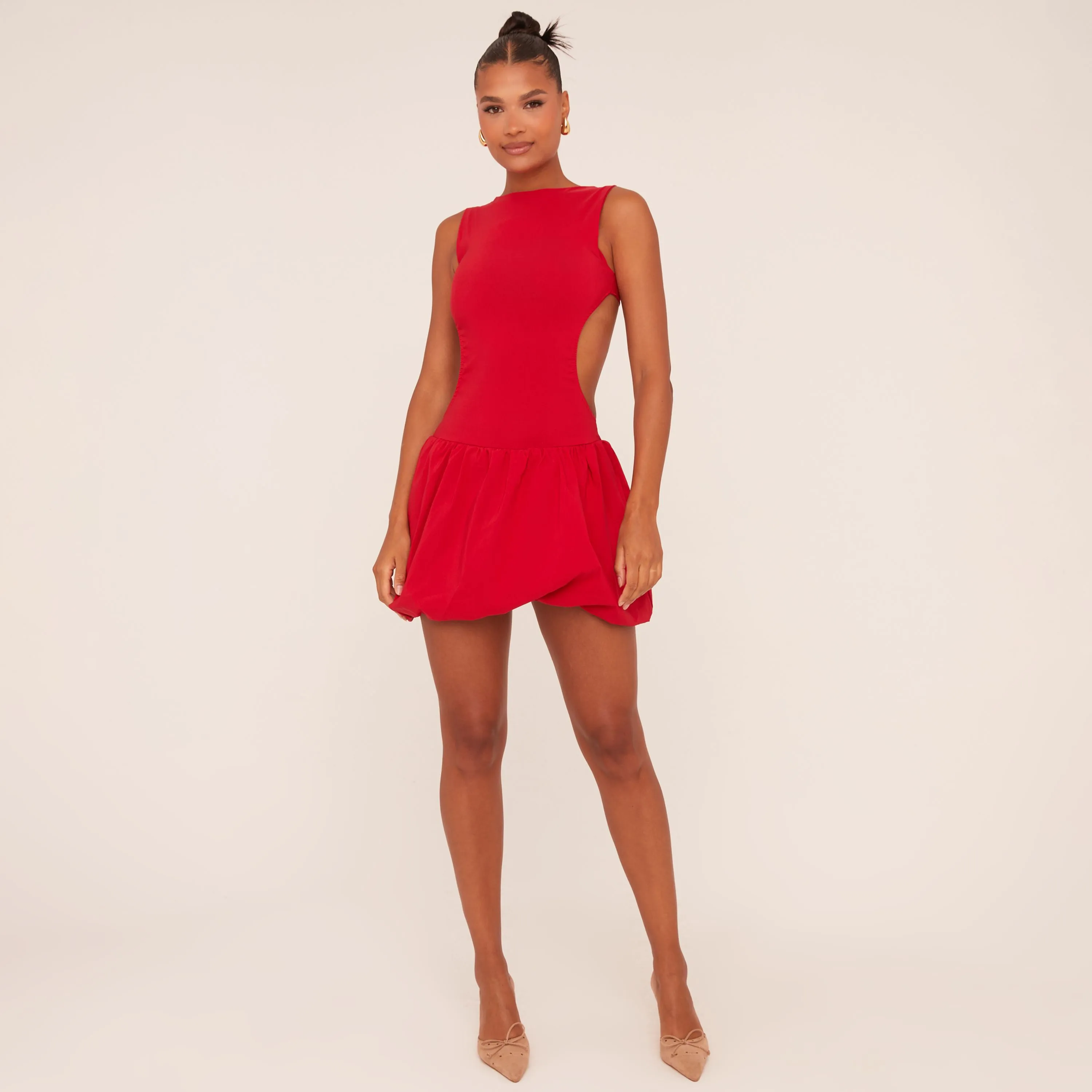 Racer Cut Out Side Puffball Mini Dress In Red Woven