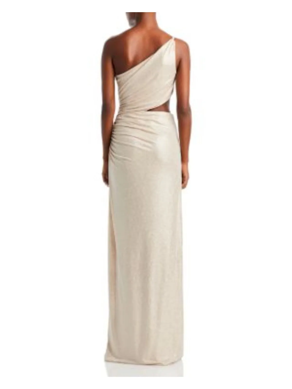 RAMY BROOK Womens Beige Ruched Zippered Cut Out Waist Slit Lined Sleeveless Asymmetrical Neckline Full-Length Party Gown Dress