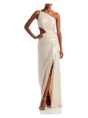 RAMY BROOK Womens Beige Ruched Zippered Cut Out Waist Slit Lined Sleeveless Asymmetrical Neckline Full-Length Party Gown Dress