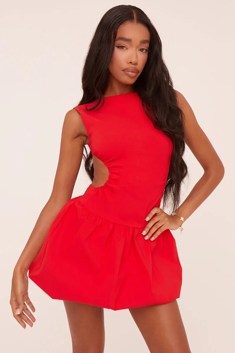 Red Cut Out Side Puffball Mini Dress -  Gabrielle