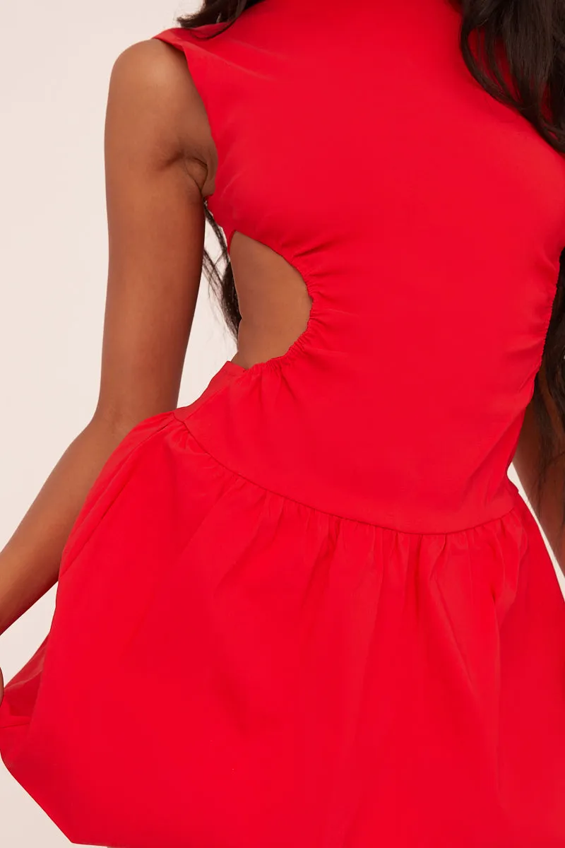 Red Cut Out Side Puffball Mini Dress -  Gabrielle