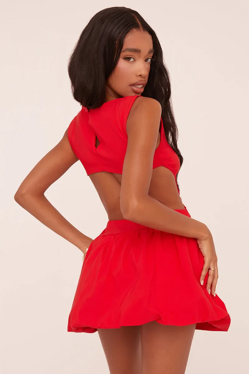 Red Cut Out Side Puffball Mini Dress -  Gabrielle