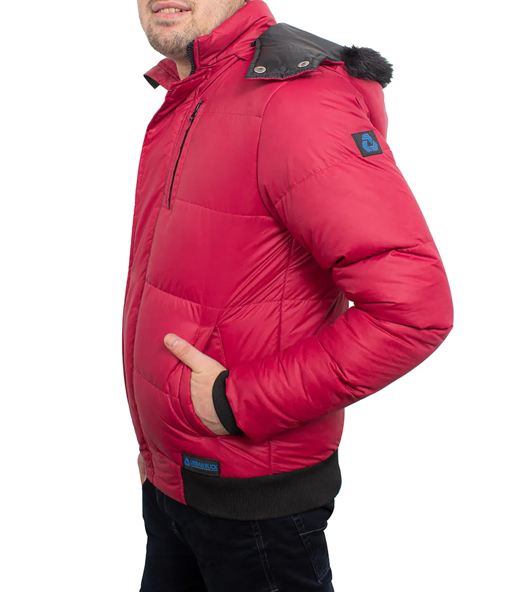 Red Mens Puffer Jacket With Faux Fur Hood