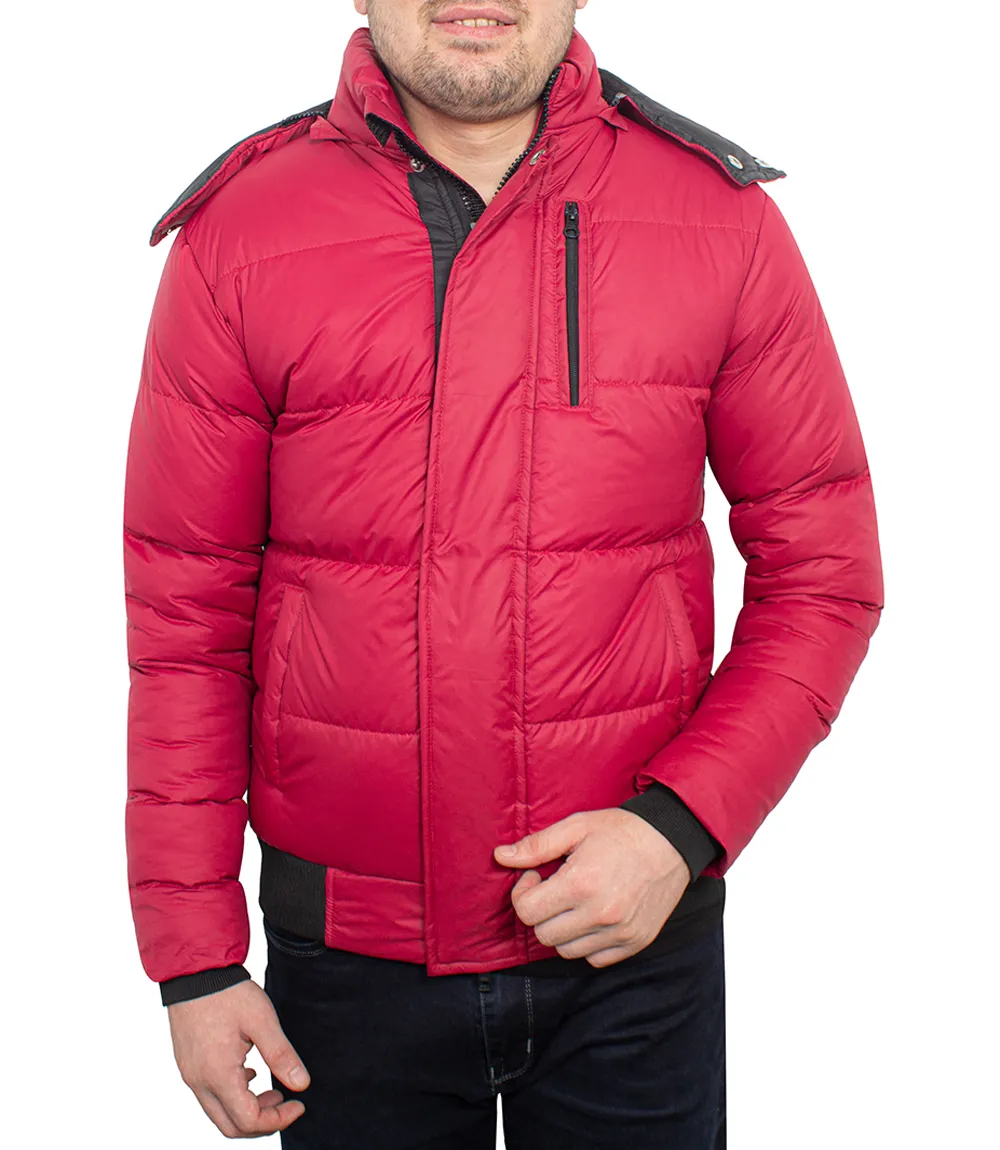 Red Mens Puffer Jacket With Faux Fur Hood