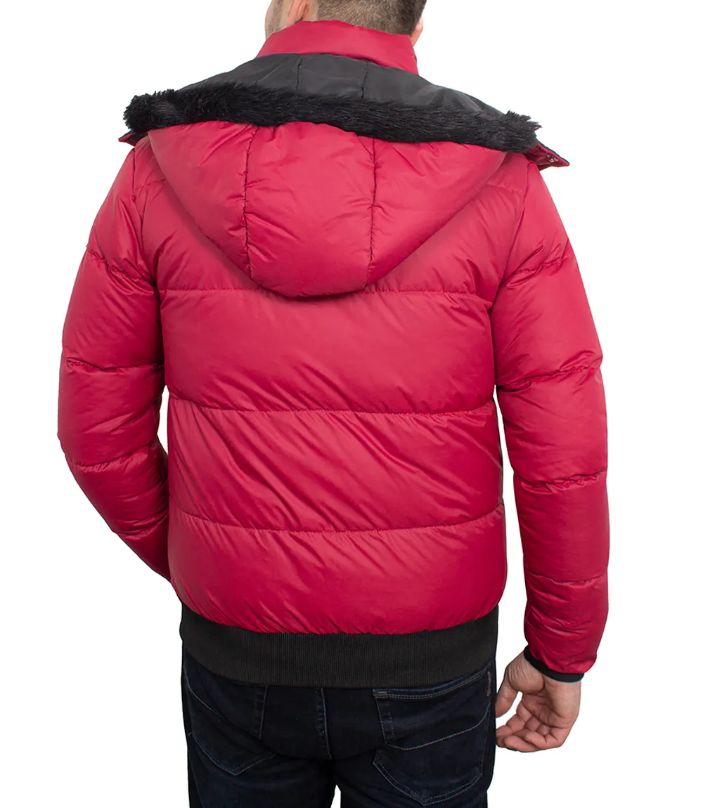 Red Mens Puffer Jacket With Faux Fur Hood