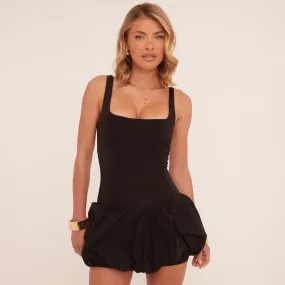 Scoop Neck Puffball Mini Dress In Black