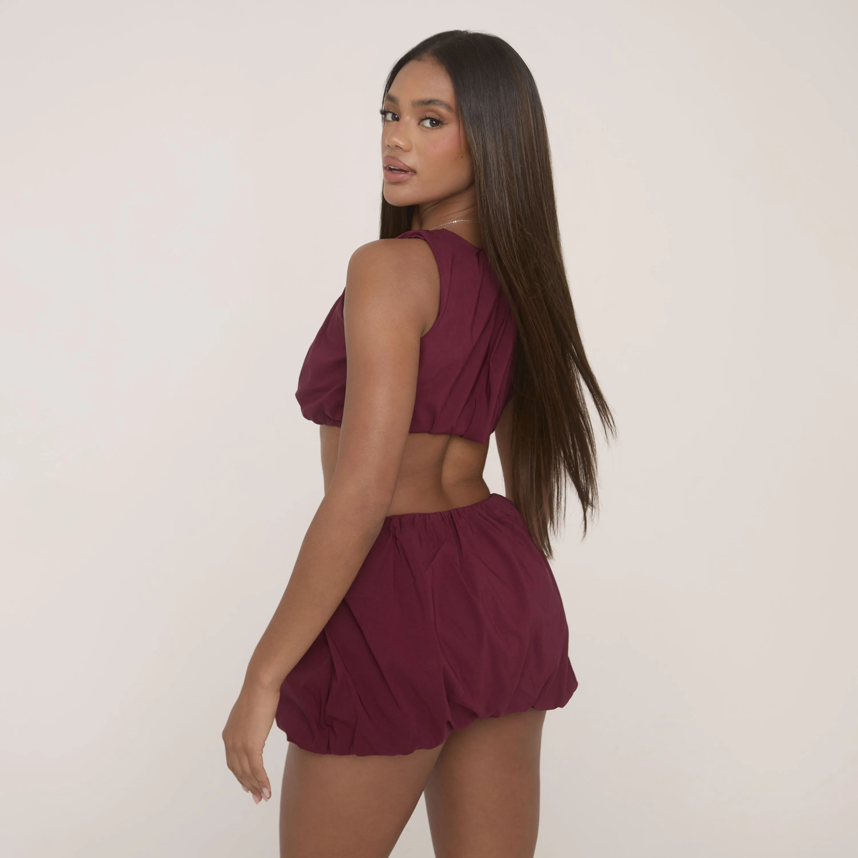 Sleeveless Crop Top And High Waist Puffball Mini Skirt Co-Ord Set In Burgundy