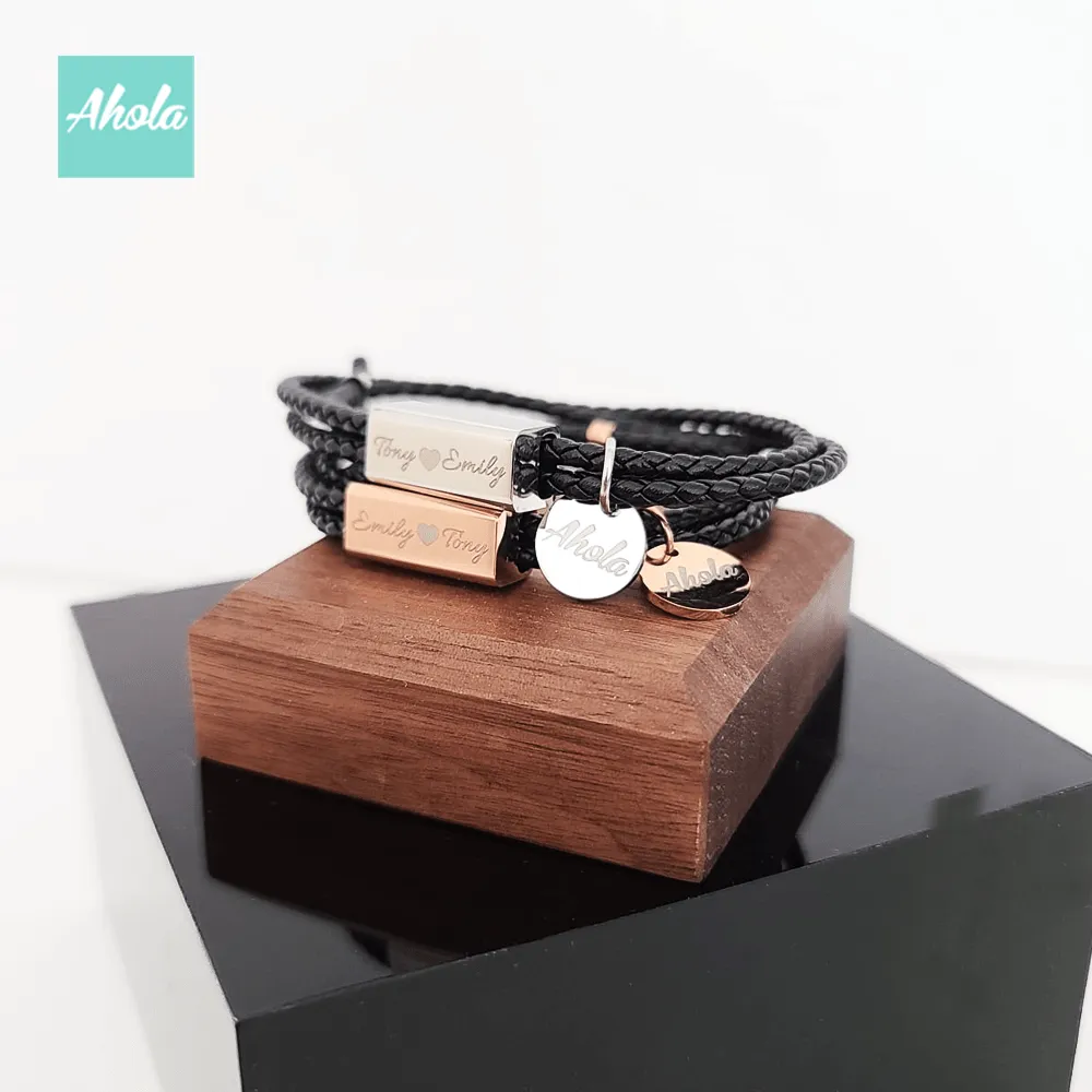 SP066 小立方刻字真皮手繩 Stainless Steel Engraved Cube Leather Bracelet