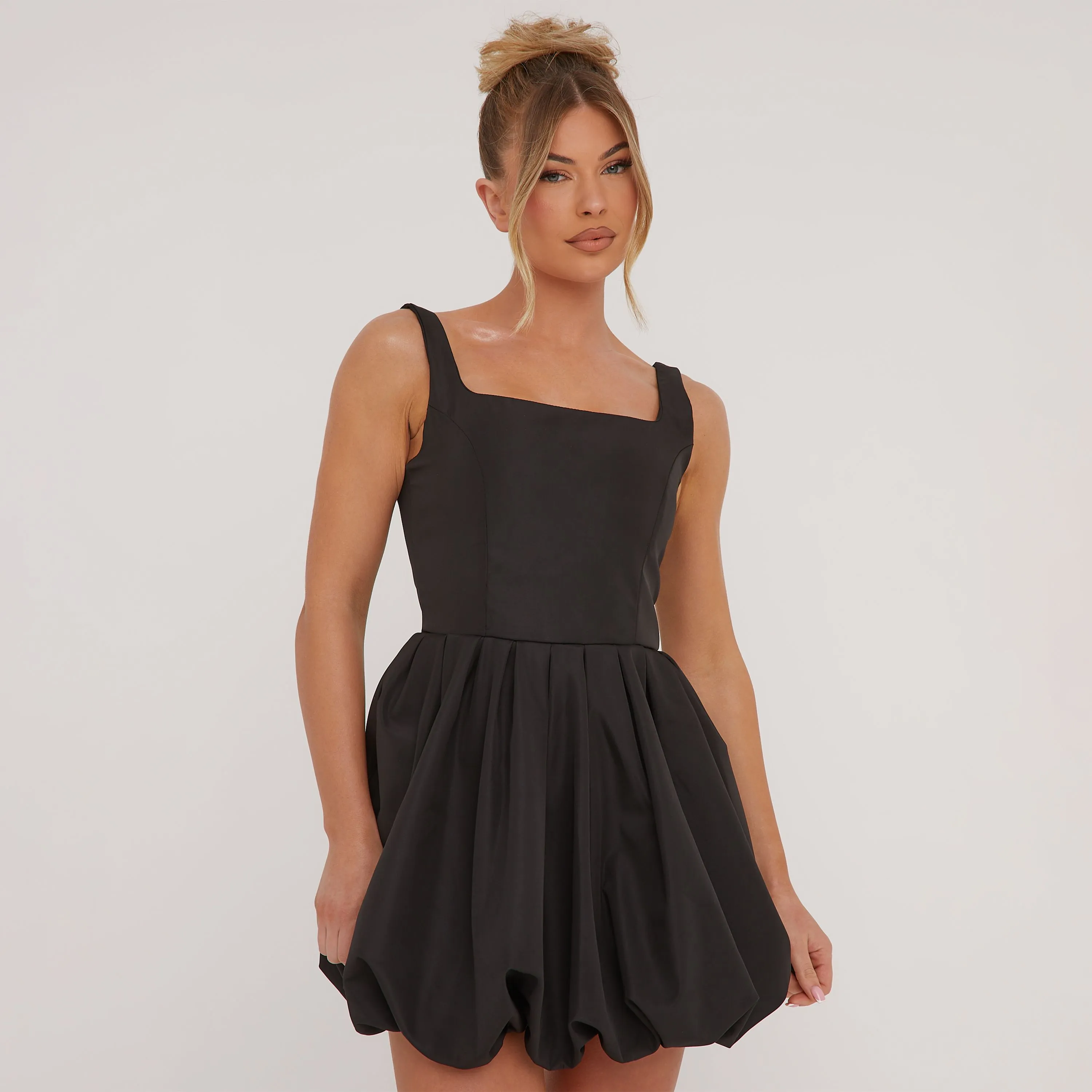 Square Neck Puffball Mini Dress In Black Woven