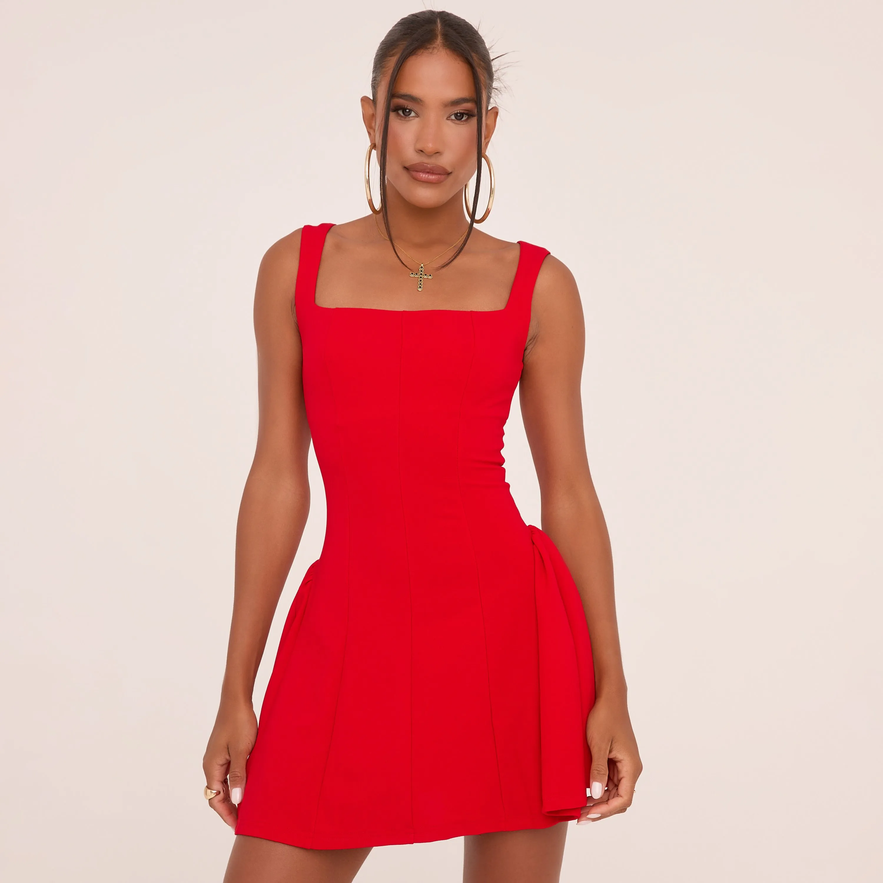 Square Neck Puffball Mini Dress In Red Woven