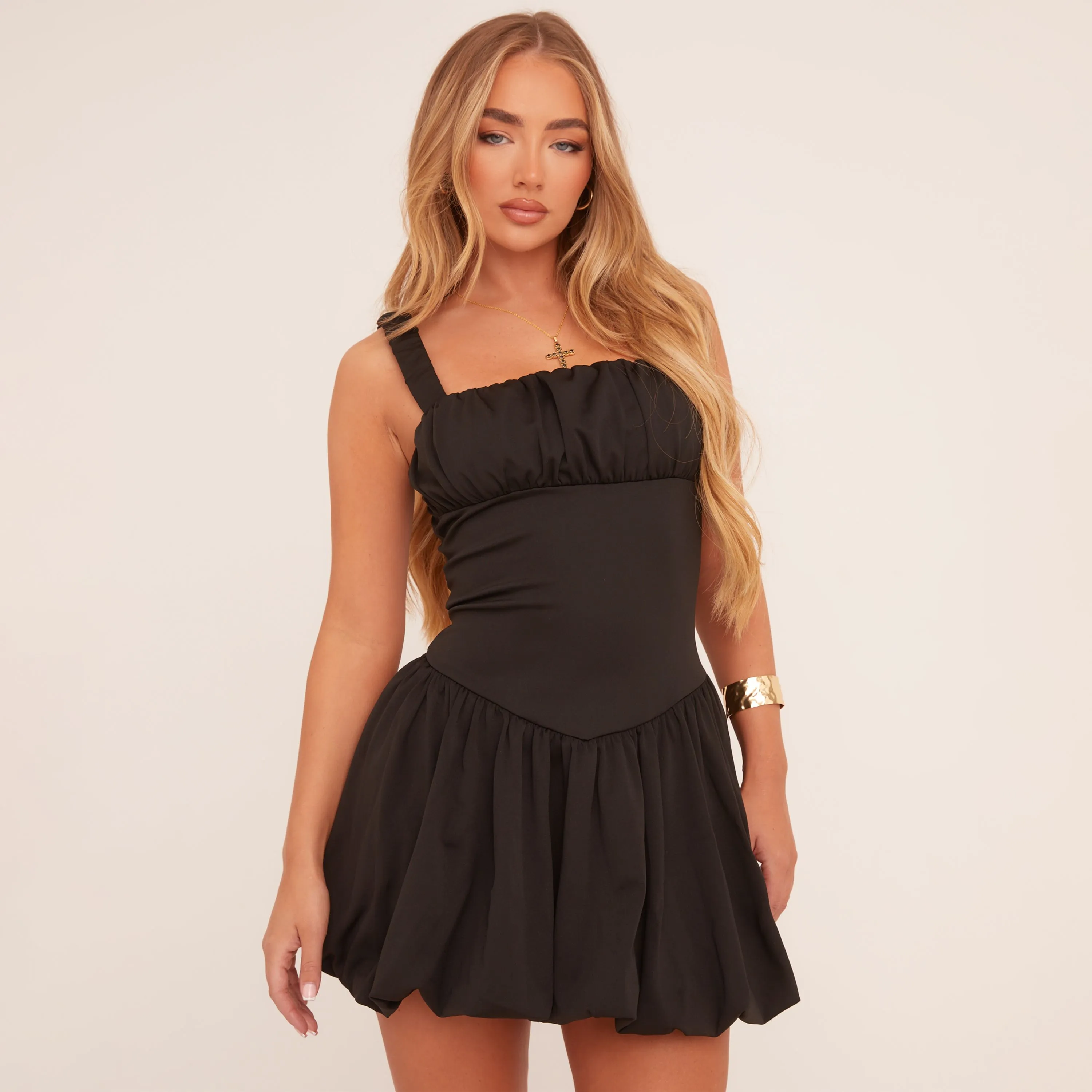 Square Neck Ruched Puffball Mini Dress In Black Woven