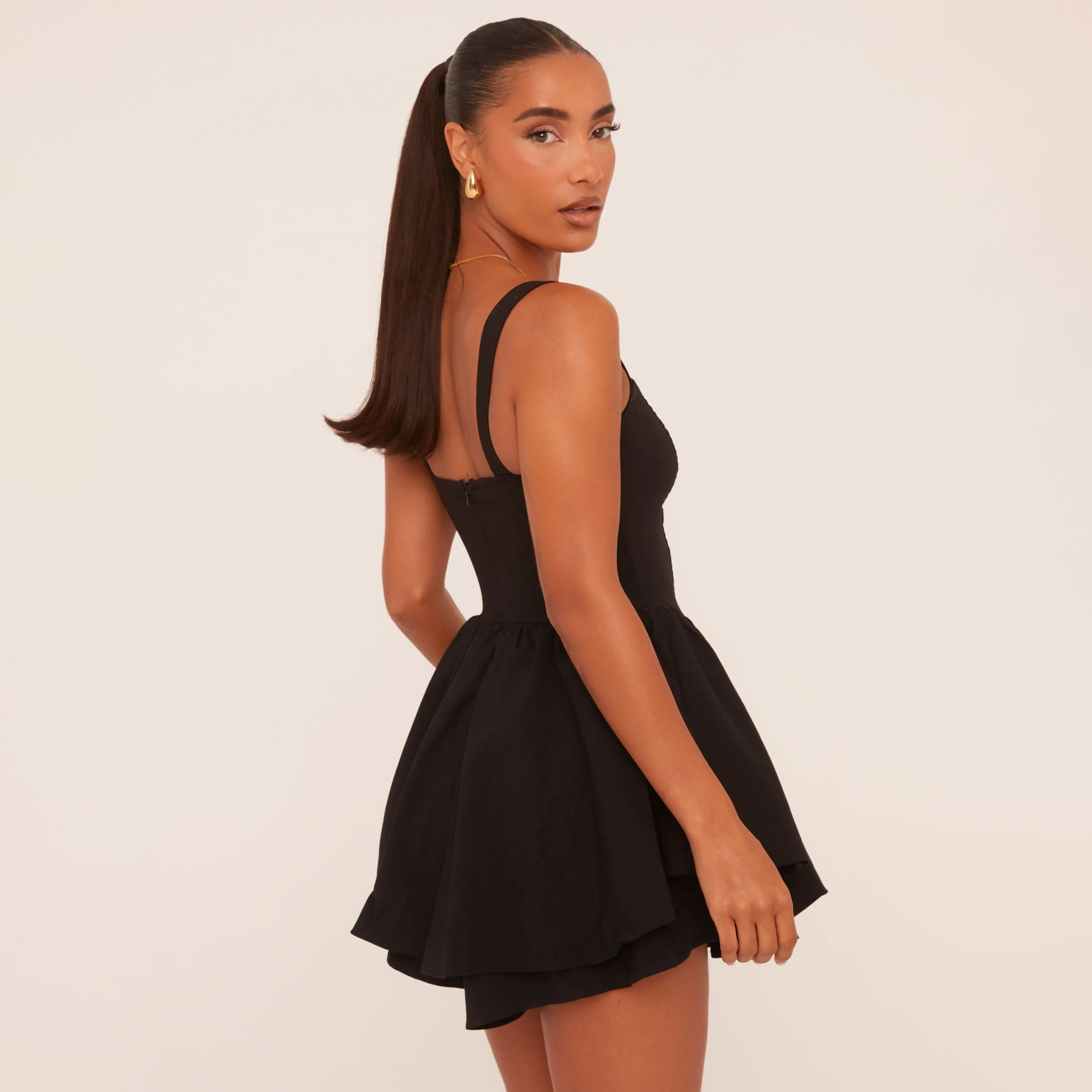 Square Neck Tiered Puffball Mini Dress In Black