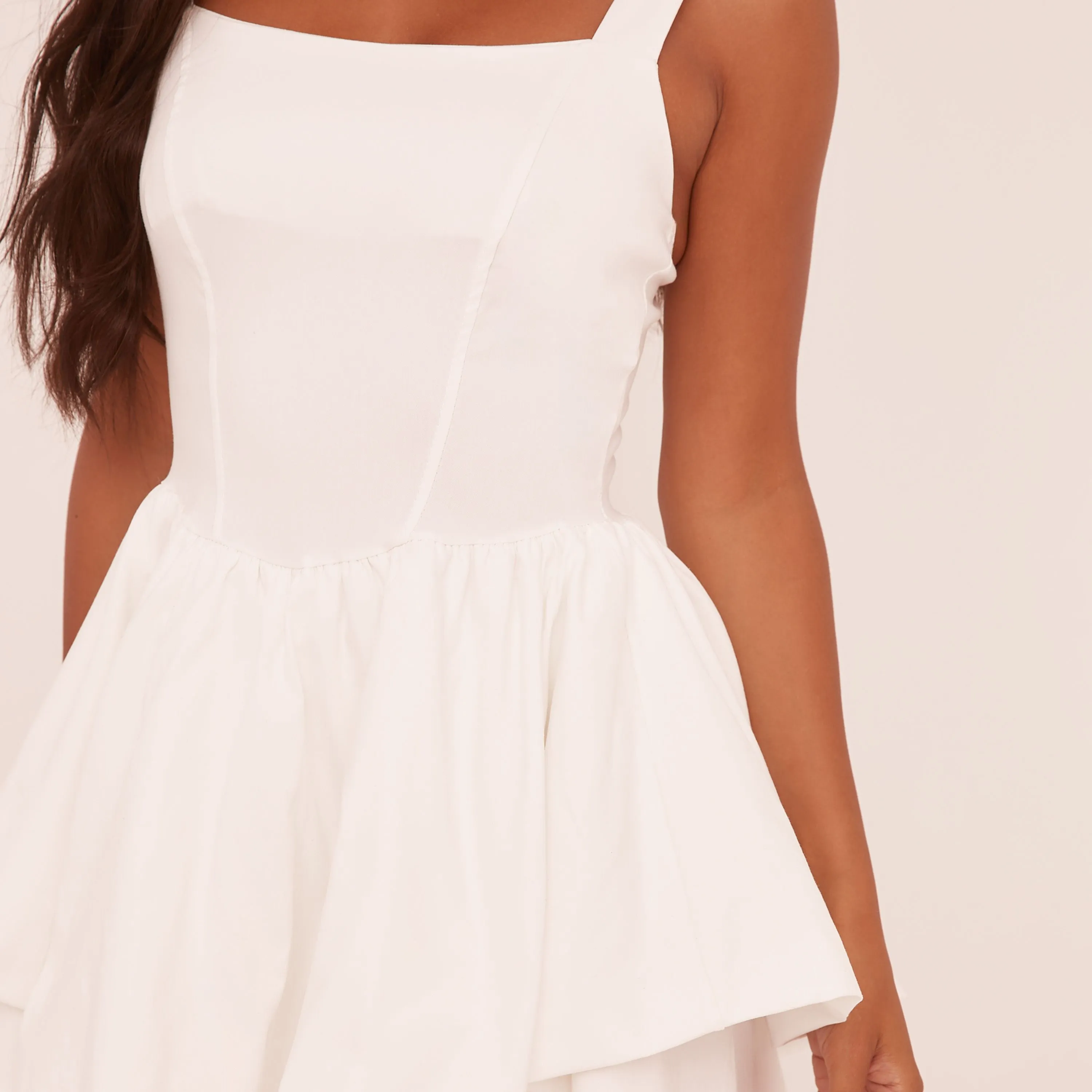 Square Neck Tiered Puffball Mini Dress In White