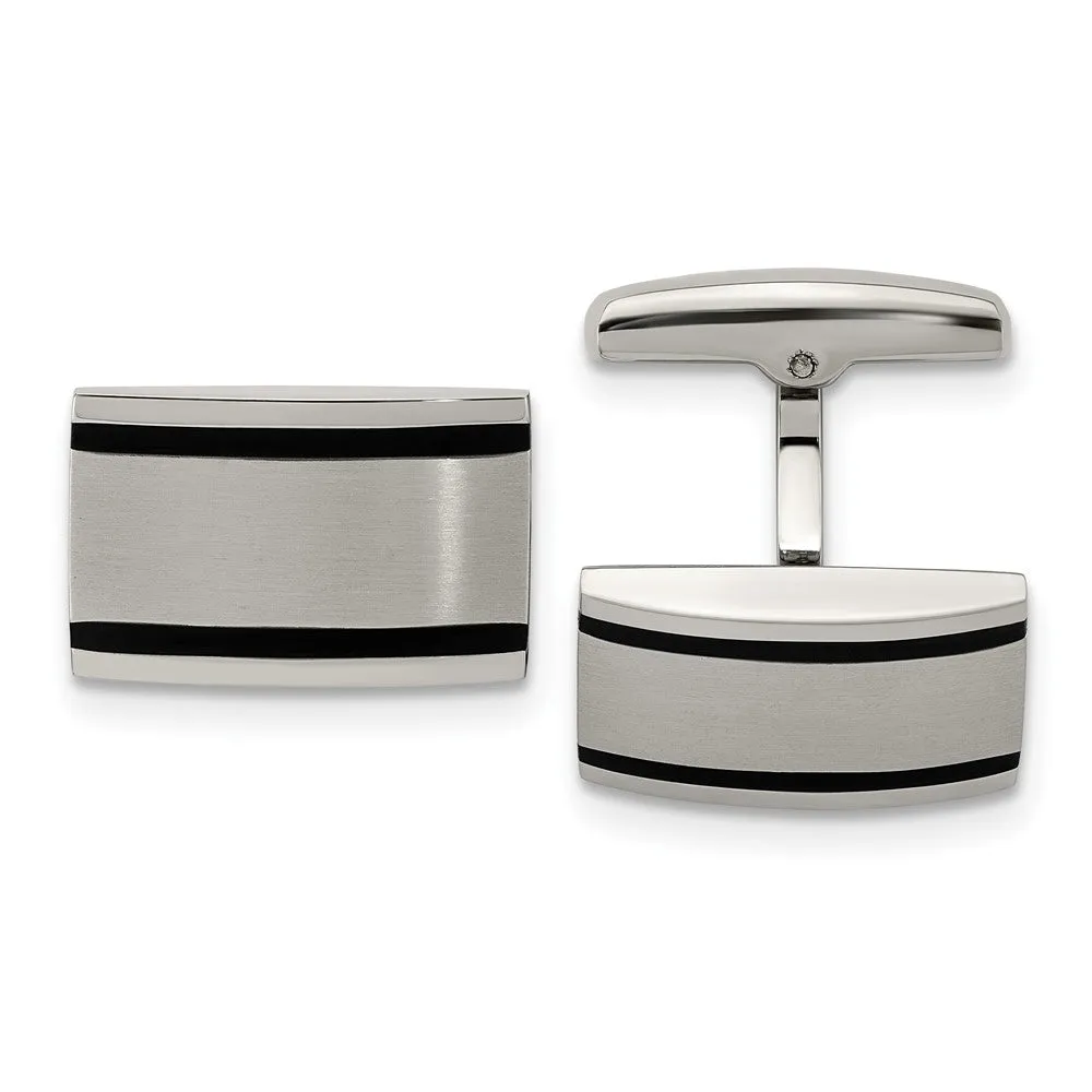 Stainless Steel & Black Rubber Brushed Rectangle Cuff Links, 20 x 12mm