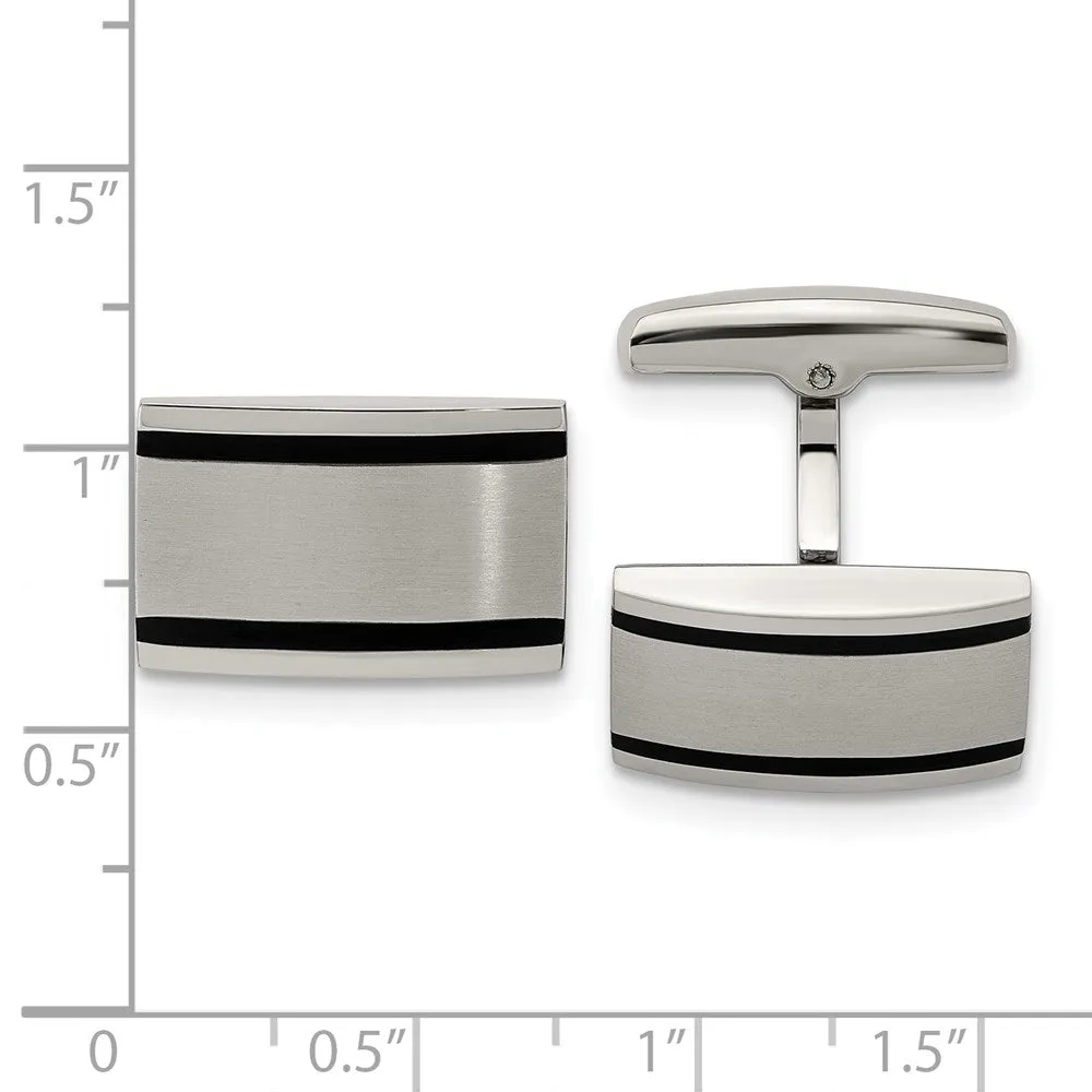 Stainless Steel & Black Rubber Brushed Rectangle Cuff Links, 20 x 12mm