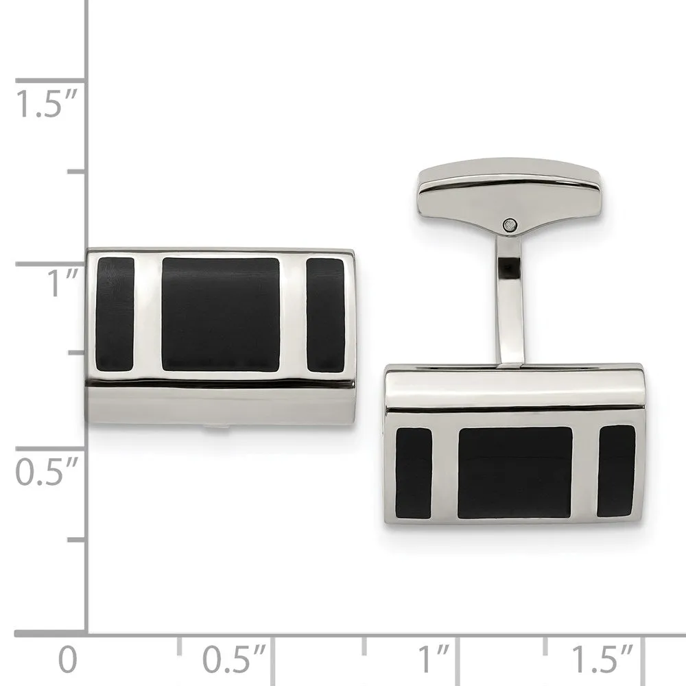 Stainless Steel & Black Rubber Rectangle Cuff Links, 18 x 9mm