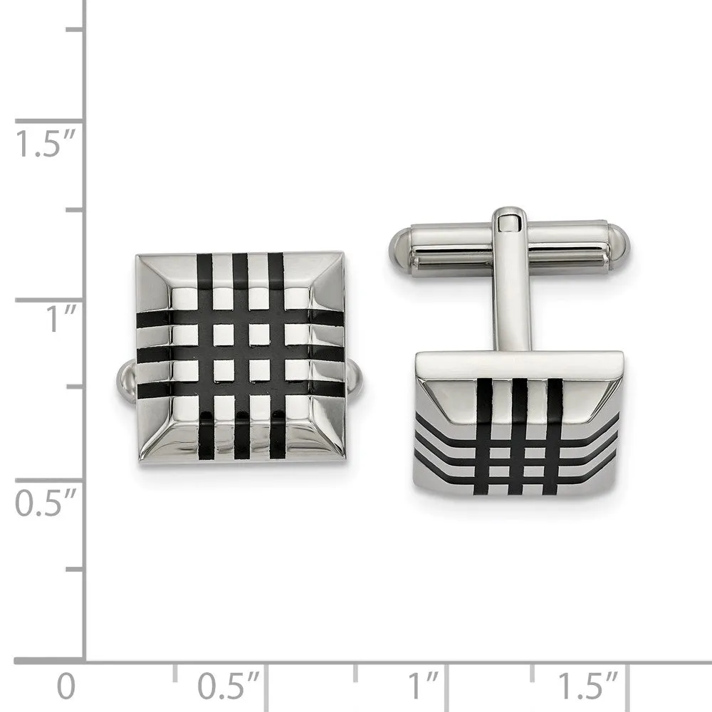 Stainless Steel & Black Rubber Striped Square Cuff Links, 15mm