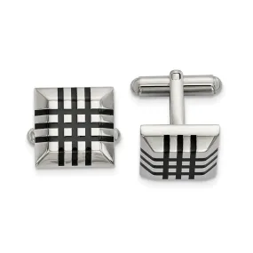 Stainless Steel & Black Rubber Striped Square Cuff Links, 15mm