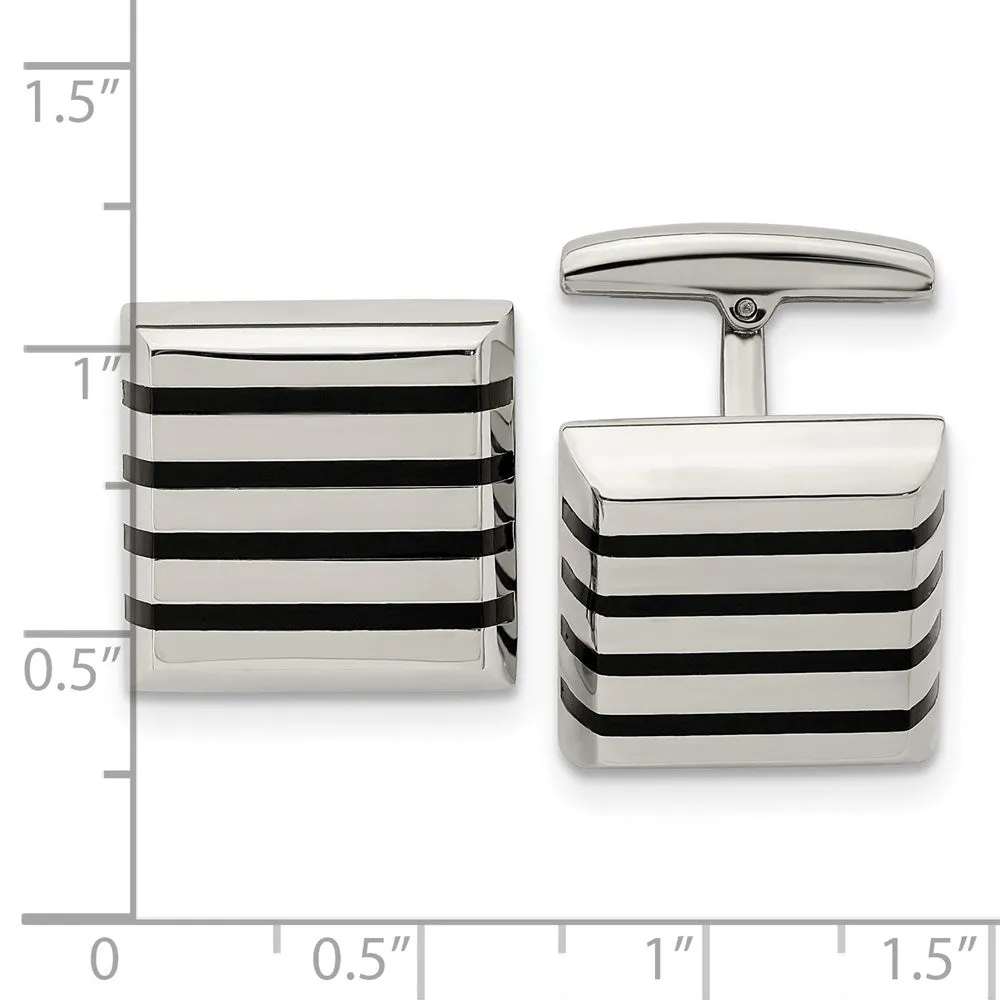 Stainless Steel & Black Rubber Striped Square Cuff Links, 17.5mm