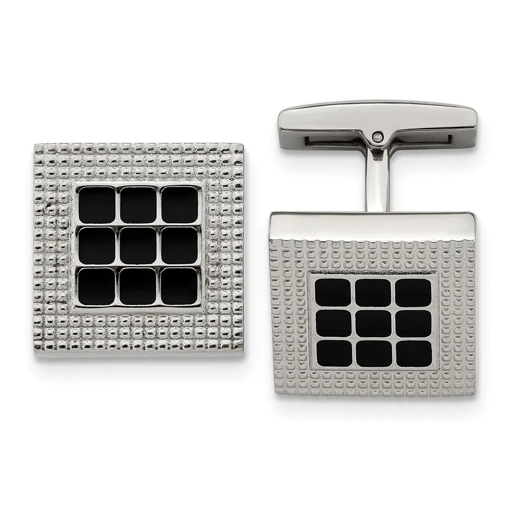 Stainless Steel & Black Rubber Textured Square Cuff Links, 16mm